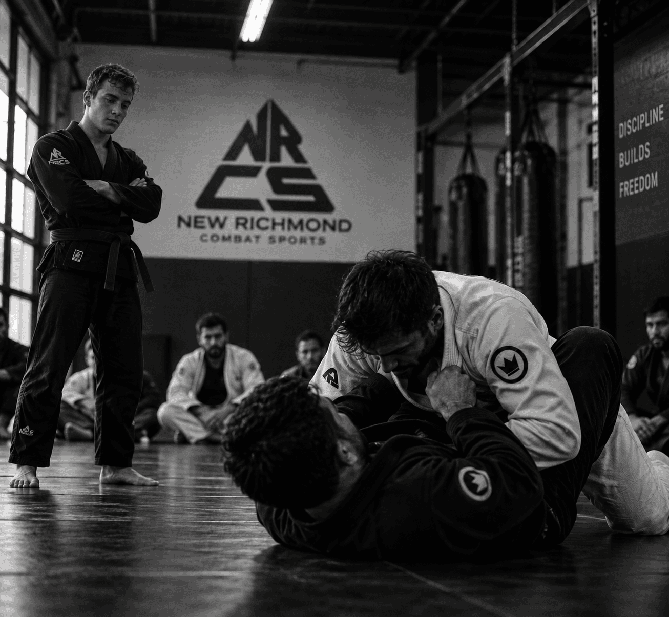 Students training Brazilian jiu-jitsu on the mats, instructor watching from the side