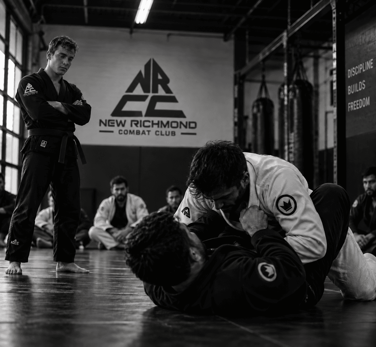 Students training Brazilian jiu-jitsu on the mats, instructor watching from the side