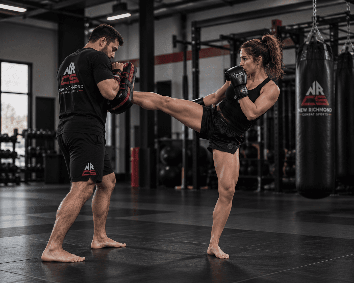 MMA student performing a kick on pads