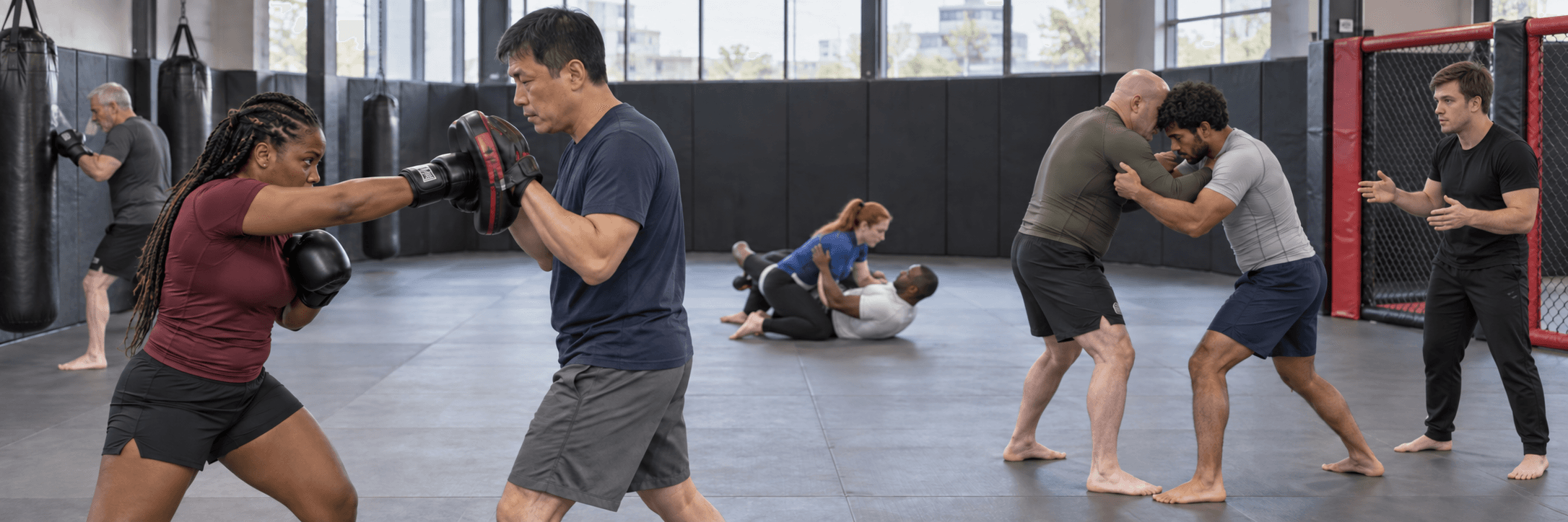 MMA class on the mats — pad work, grappling, and a coach by the cage